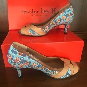 Rare blue floral heels with leather trim.  Mint.